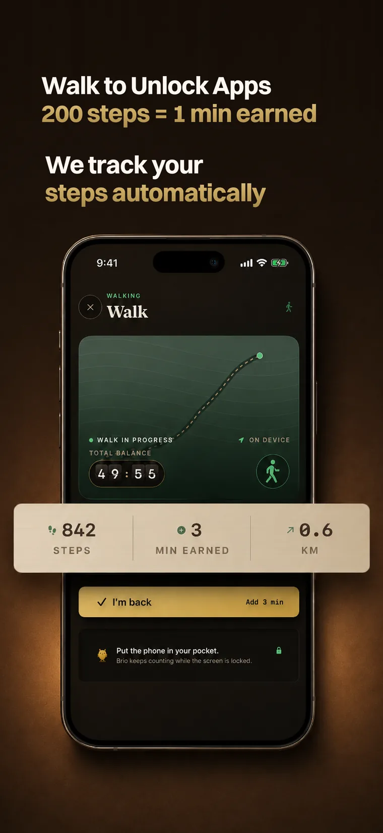 A walk in progress in Brio, counting steps into earned minutes.